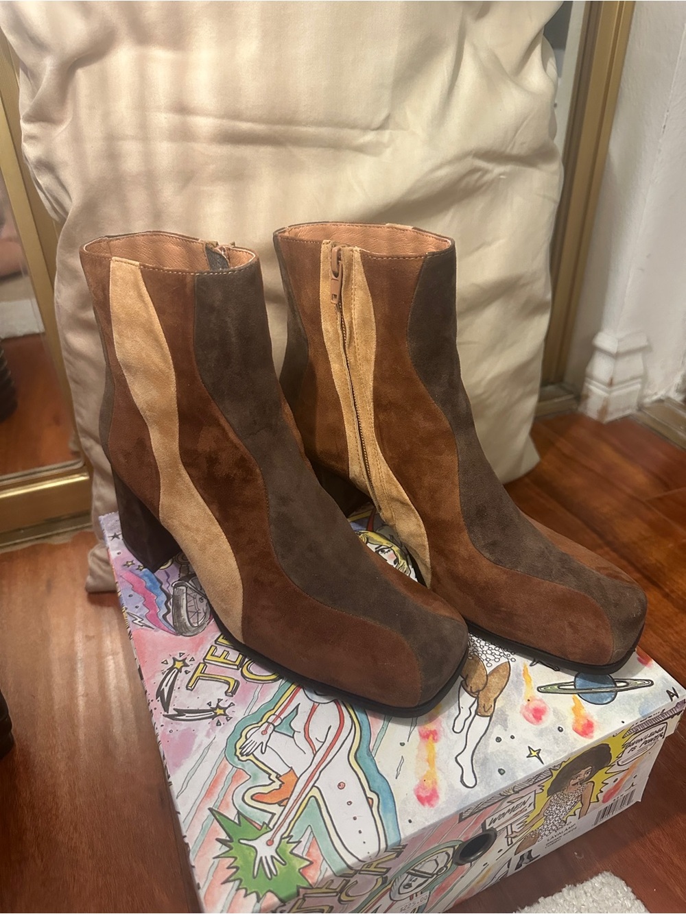 Jeffrey Campbell Lava Lamp Boots - Suede Colorblock Ankle Boots in Brown and Tan